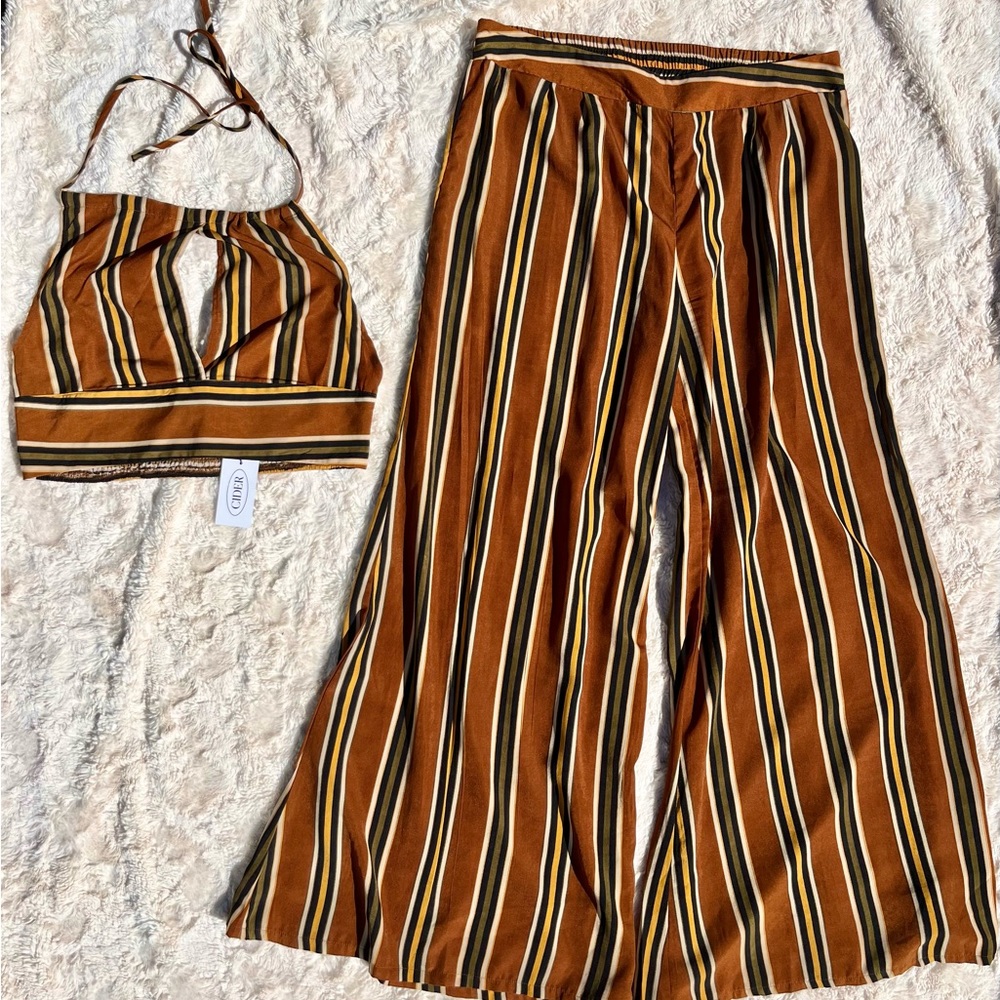 Striped Halter Top and Wide-Leg Pant Two Piece Set